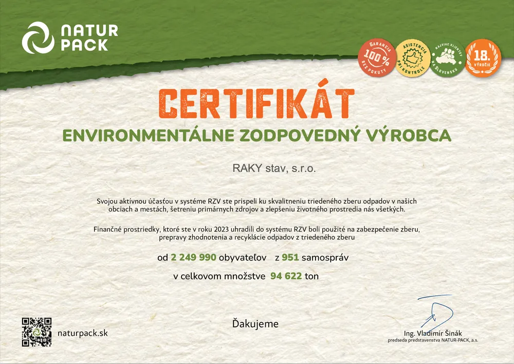 Certifikát – Environmentálne zodpovedný výrobca