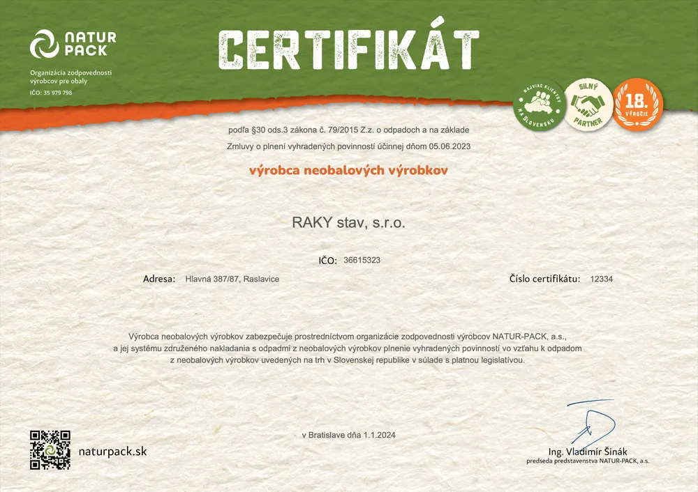 Certifikát – Výrobca neobalových výrobkov