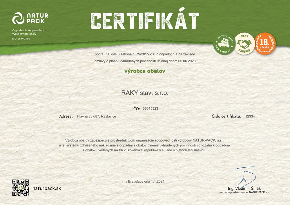 Certifikát – Výrobca obalov