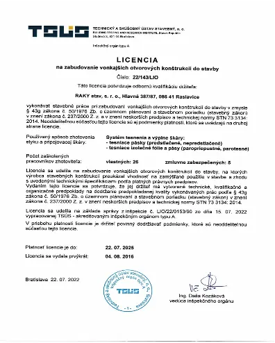 Licencia na montáž okien RAKYstav